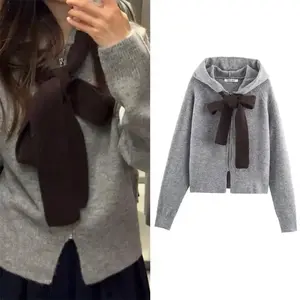 2025 Autumn New Style Gray Long Sleeve Knitted Hoodie with Bow Decoration for Women, Fashionable Casual Versatile