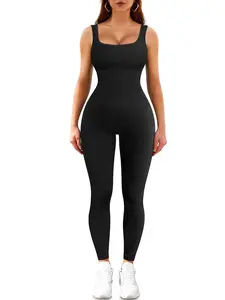 Women's Square Neck Backless Cami Jumpsuit, Solid Seamless Tummy Control Workout Unitard, Ladies Clothes for Summer Workout Jumpsuits