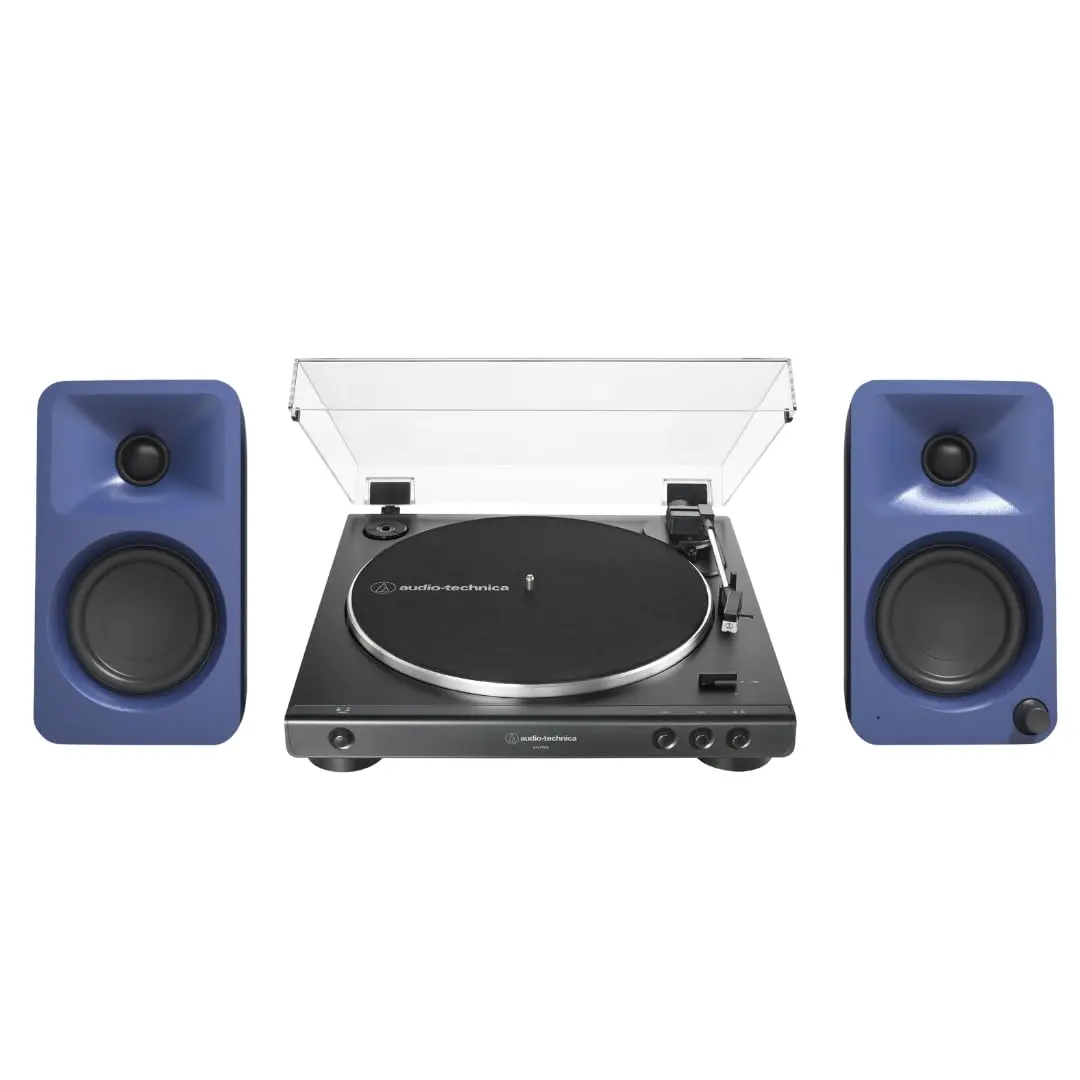 Kanto ORAME 100W Powered Reference Desktop Computer Speakers (Indigo) with 60X-BK Fully Automatic Belt-Drive Stereo Turntable - Bundle