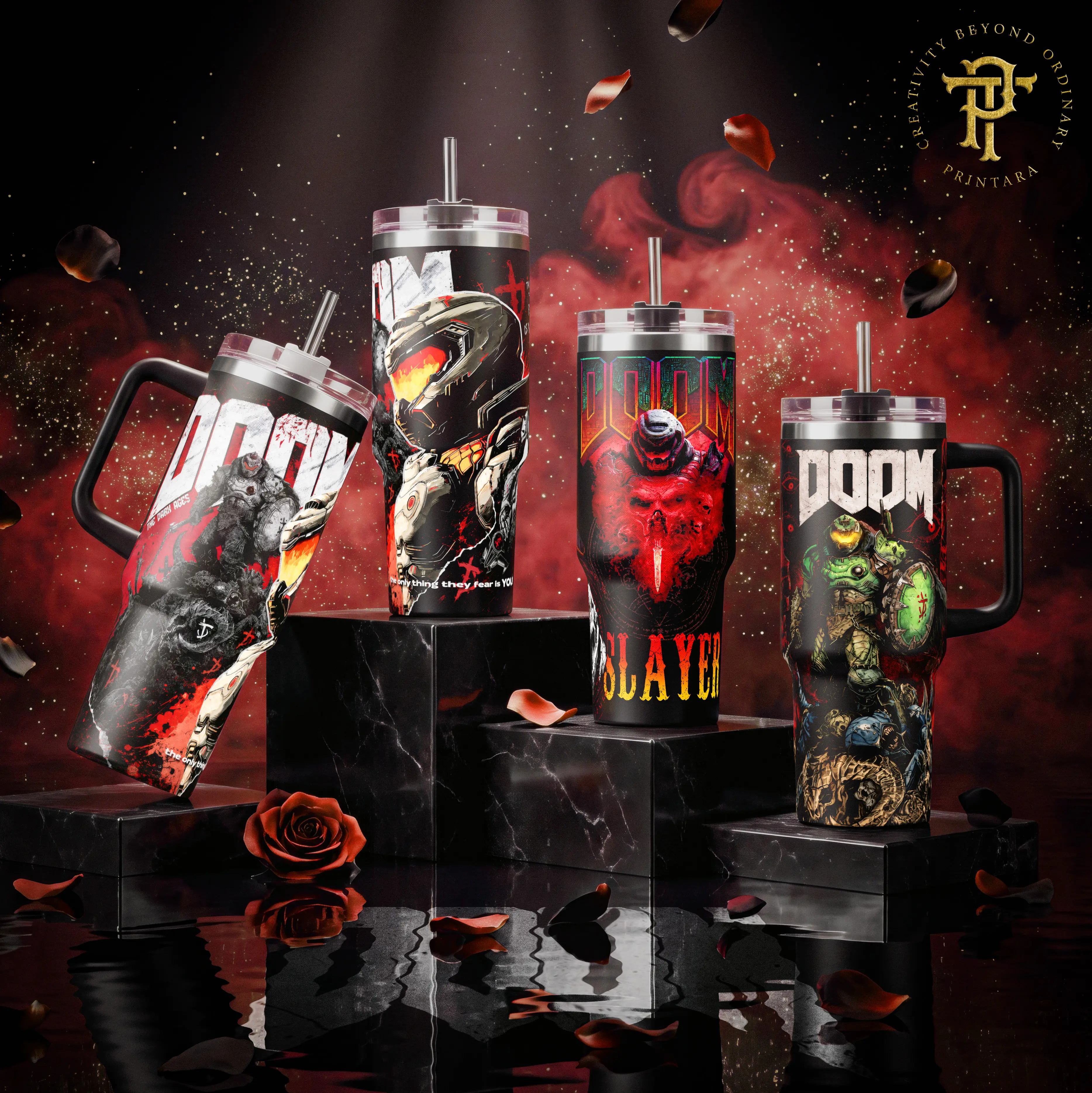 Doom Slayer The Dark Ages Rip And Tear Stainless Steel Vacuum Insulated Tumbler - 20oz/40oz, Lid Included, Dark Aesthetic Video Game Merch, Reusable Drinkware Gift for Gamers