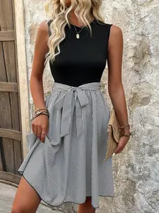 Women's Belted Knot Long Sleeveless Dress, Elegant Mid-Length Dress with Waist Tie, Everyday Stylish Casual Wear for All Seasons