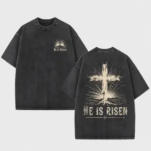 Grunge  Washed He Is Risen Easter Christian Cross Tee Oversized Washed Cotton Double Sided Small Sunrise Cross Chest Large Distressed Brush Stroke Radiant Cross Resurrection Back Bold Easter Faith Mascu   Unisex Vintage Graphic T-Shirt