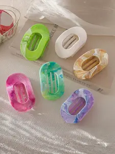6 Pcs Large Marble Texture Flat Round Hair Claw, Comfortable Curved Design, Boho Style Colorblock Shark Clip, Daily Elegant Hair Accessory, Hair Clip Set