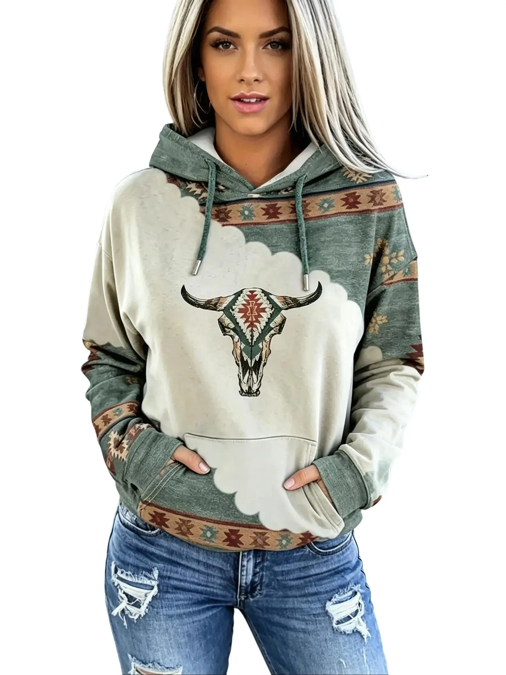 Women's Vintage Highland Bull Head Print Aztec Hoodie Pullover - Casual Fashion Long Sleeve Tops for Cowgirl Western Style, Hoodies For Women