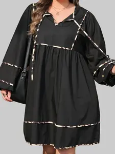 Women's Plus Size Black Long Sleeve Mini Dress Leopard Contrasted Trim Tie Neck Flared High Waist Shift Casual Spring Fashion Short Dress