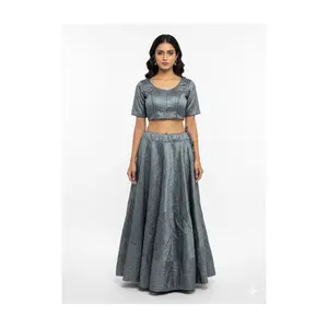 #K44 Stunning Slate  Grey & Gold Striped Lehenga Choli Set
