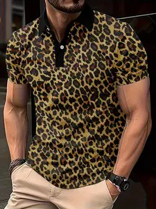 Trendy Men's Leopard Print Polo Shirt, Short Sleeve Slim Fit Top with Black Collar & Placket, Bold Animal Print Casual Shirt for Street Style & All-Day Daily Wear #MensStreetwearPolo #LeopardPrintAesthetic #VersatileMensTop