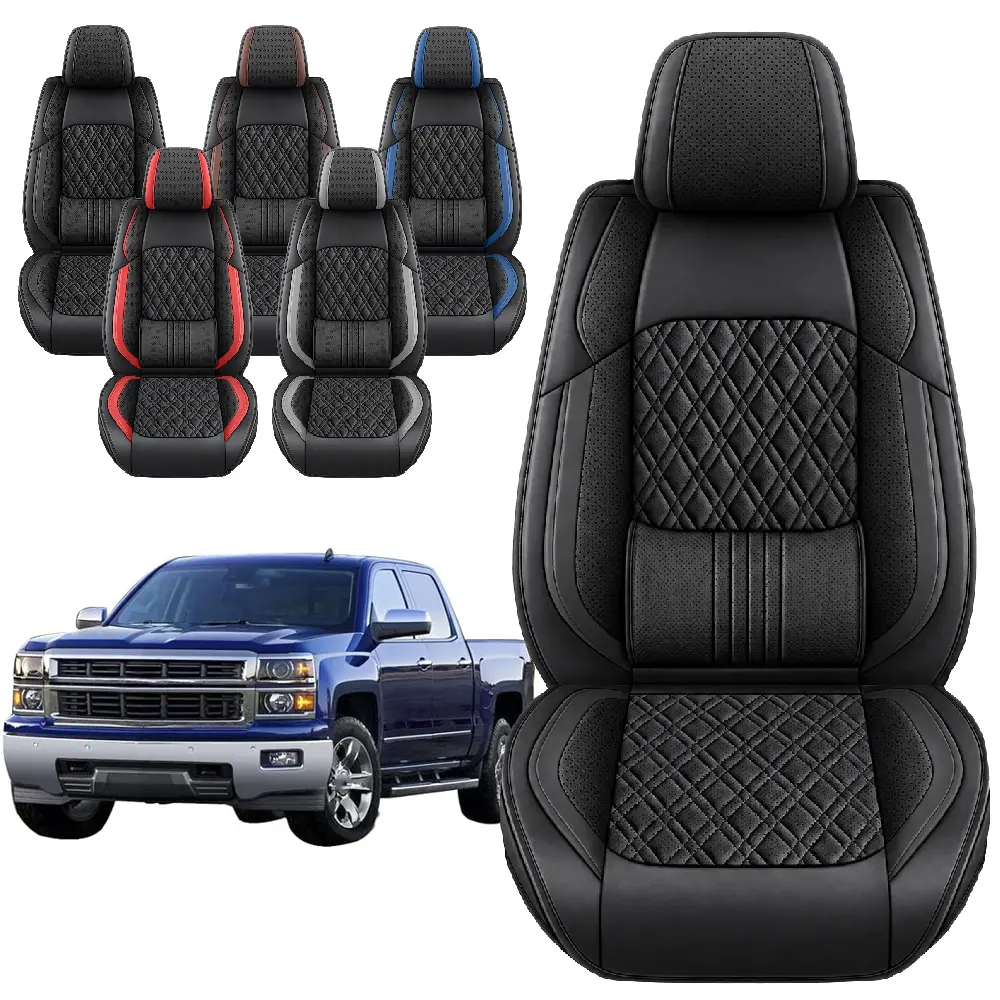 Nappa Leather Pickup Seat Covers for Chevrolet Silverado/GMC Sierra 2007-2026 1500 2500HD 3500HD Crew Cab, 3D Stereoscopic Design Full Set (Front Rear, Front Full Coverage), Airbag Compatible Black Driving Truck Car Interior Accessories Decoration