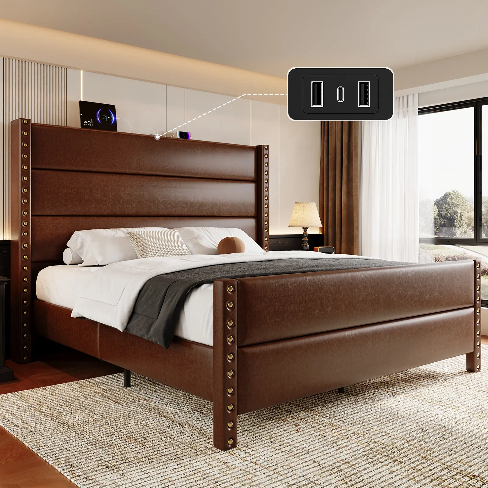 Belffin Queen/King Size Upholstered Bed Platform - 55" High Wingback Headboard, Faux Leather, 25.6" Footboard, Big Rivets, Storage, USB Port, Noise-Free Metal Frame, Vintage Home Decor, Christmas Gift [tiktokshopbacktoschool][SohoChic]