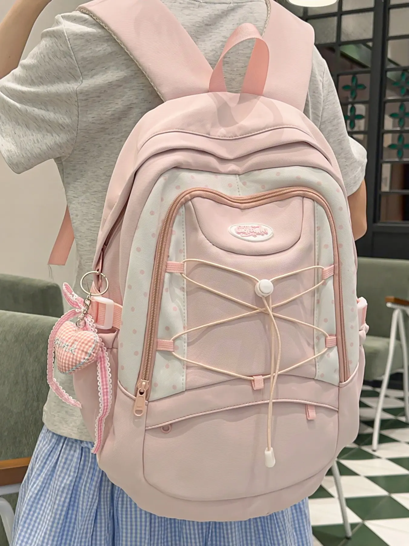Women's backpack with color blocking and contrasting letters, drawstring zipper, suitable for students to go to school, campus, shopping, Backpack Bags