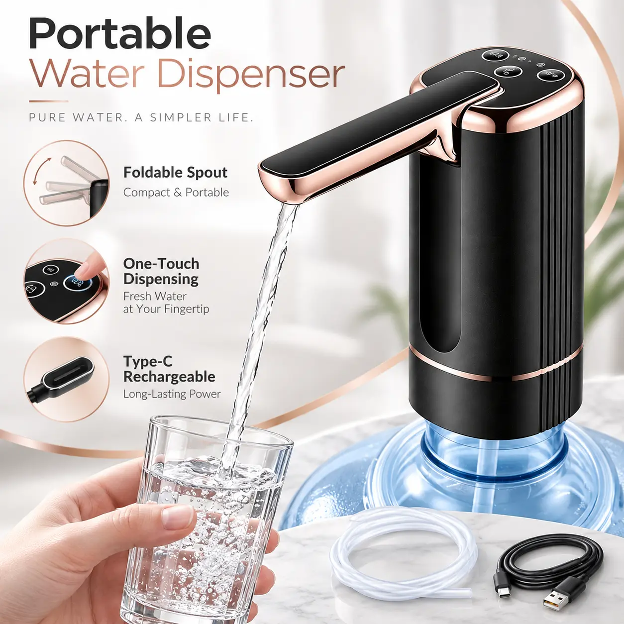 Portable Automatic 5-Gallon Electric Water Dispenser Pump, Convenient Bottle Pump for Kitchen, Home, Office, and Daily Use