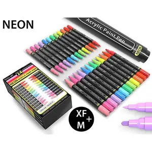 TOOLI-ART 24 Neon Fluorescent Acrylic Paint Pens Marker Set (0.7mm EXTRA FINE + 3.0mm MEDIUM) Diy Painting Supplies High Pigment