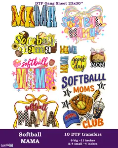 Softball Mama  DTF Gang Sheet 10 Ready To Press Transfers 23x30. Same/Next Day Shipping