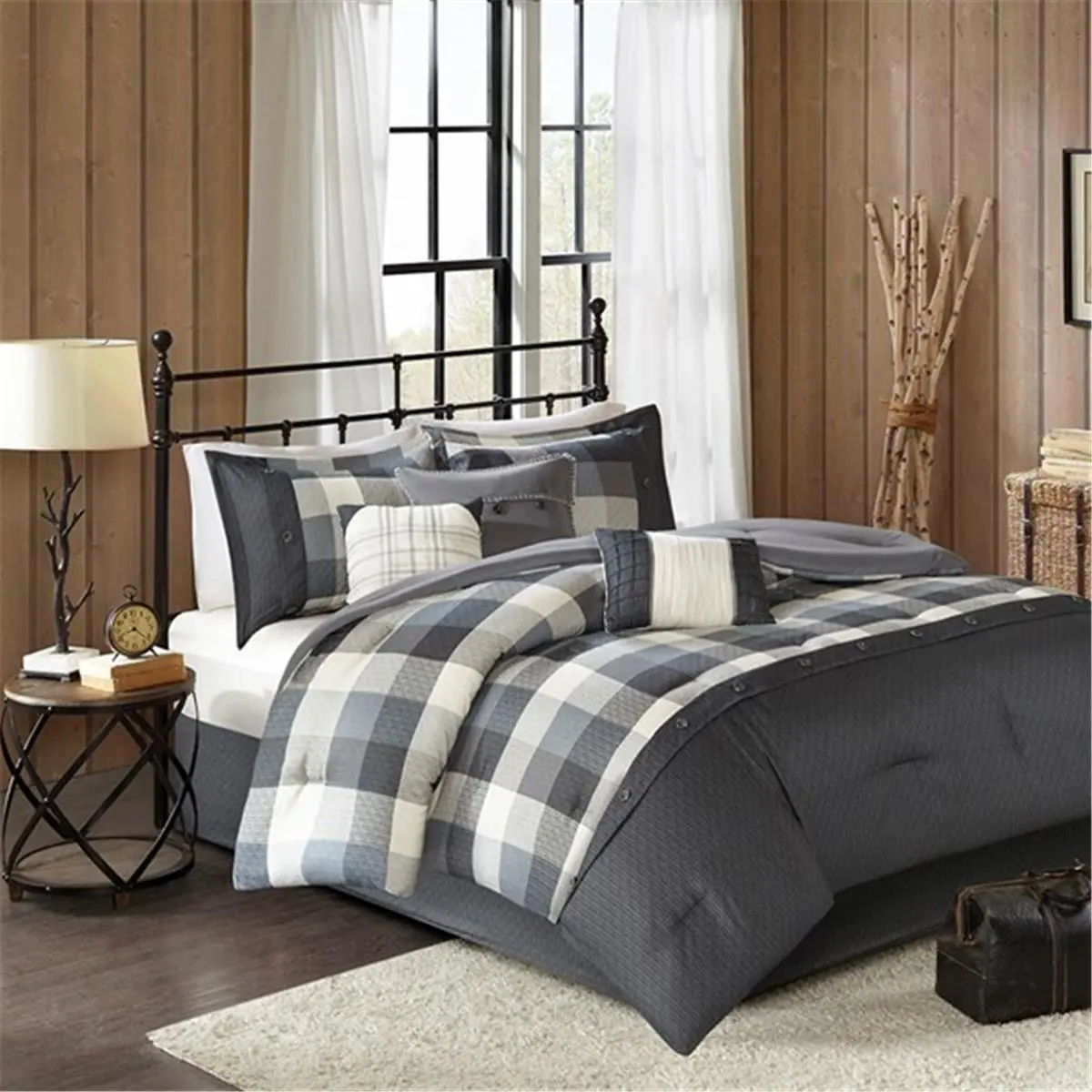 212 MAIN 7-Piece Plaid Herringbone Weave Cal King Grey Comforter Set - Lodge-Style Reptile & Amphibian Decoration with Hand-Stitched Embroidery Accent Pillows