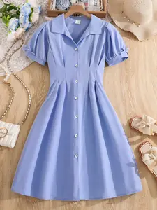 Girls Blue Button Design Bubble Short Sleeve Collared Buttoned Dress with Pleated Details, Trendy Fashion Style for Summer Wear, Cute Kids Clothing
