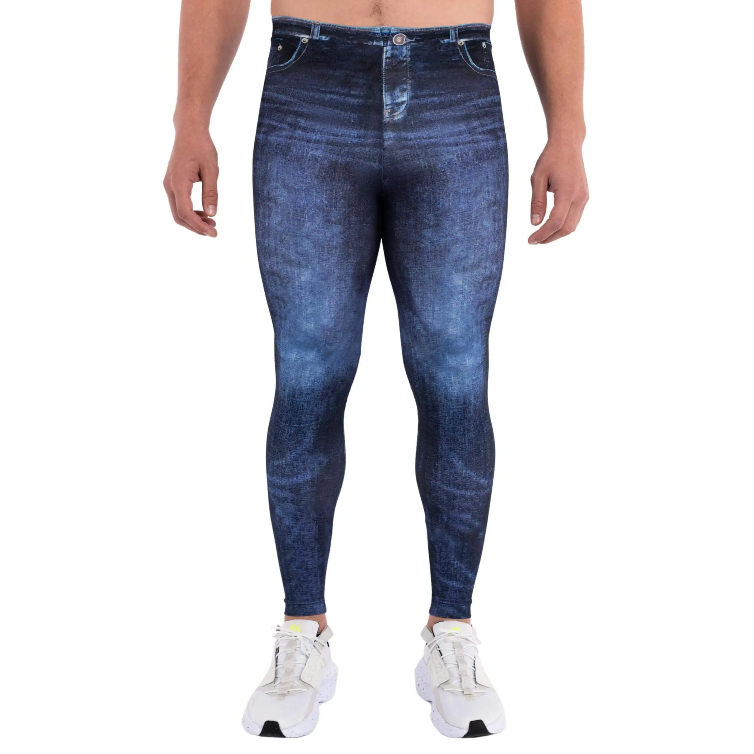 Kapow Meggings Navy Blue Jeans Print Men’s Leggings Breathable 4-Way Stretch for Gym, Yoga, Festival & Workout Activewear Spandex Fabric
