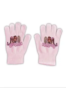 Girls' Warm Full-Coverage Gloves, Cartoon Letter Print, Fashionable Comfort Accessory for Autumn, Slim-Fit Design, Moderate Fabric Thickness