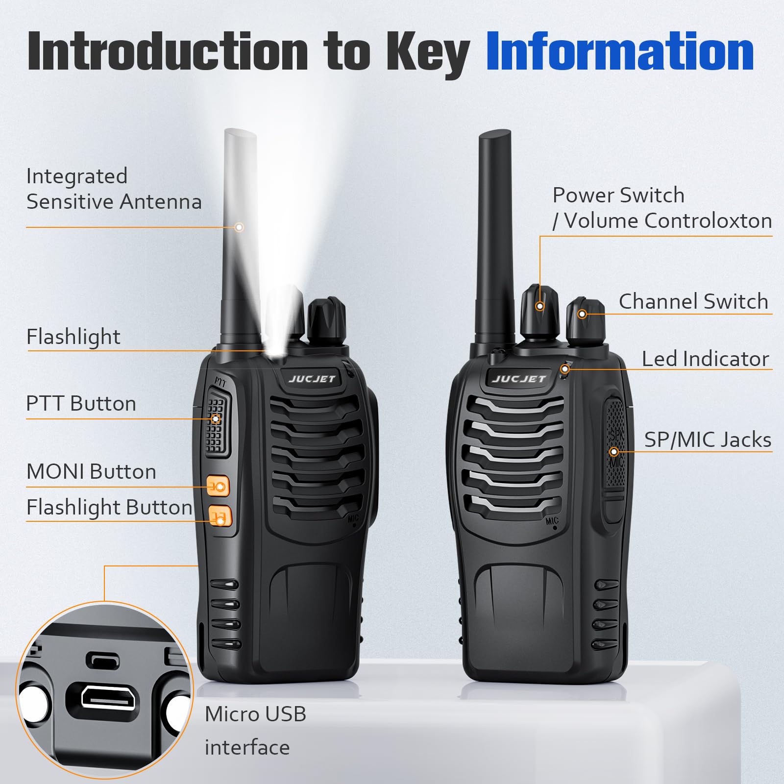 JUCJET 888S walkie talkie Rechargeable UHF Handheld Two-way Wireless Communication with Flashlight, Lithium Battery Charger and Headset, Suitable for Adults and Children (2pack)