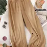 [Plus Size] Solid Pocket Wide Leg Beach Vibe Pants, Casual Fashion Lounge Comfy Trousers for Daily Wear, Women's Summer Bottoms