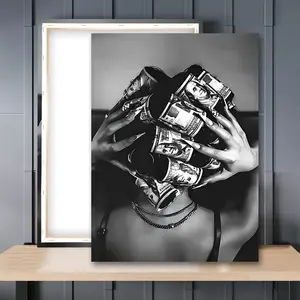 1pc Wooden Framed, Black Woman with Money on Head Wall Art Canvas Painting, Black and White Feminist Print Poster, Fashion Wall Art, Trendy Rich Woman, Retro Girl Room Decor, Home Decor, Vintage Wall Art, Unique Artwork