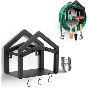 Stainless Steel Garden Hose Holder Wall Mount, Heavy Duty Hose Hanger Wall Mount with Storage Holds Up to 150ft Hose, Black Wall Mounted Hose Holder for Outside Garden, Garage, Anti-Rust
