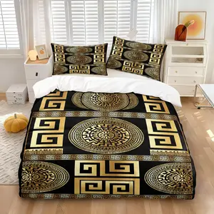 Luxury Retro Decorative Duvet Cover Set,Includes 1 duvet cover & 1/2 pillowcases (fillings not included),Features black & gold geometric pattern print,Luxurious & retro-inspired bedding for bedroom decor,This makes a great bedding gift.