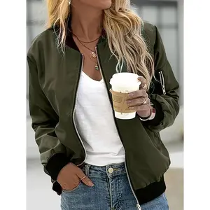 Women's Casual Zip-Up Jacket with Pockets - Chic Olive Green Bomber Style, Polyester & Spandex Blend, Machine Washable, All-Season Comfort, Stylish Layering Piece|Bomber Jacket|Sleek Olive Green, Jacket Zip Up