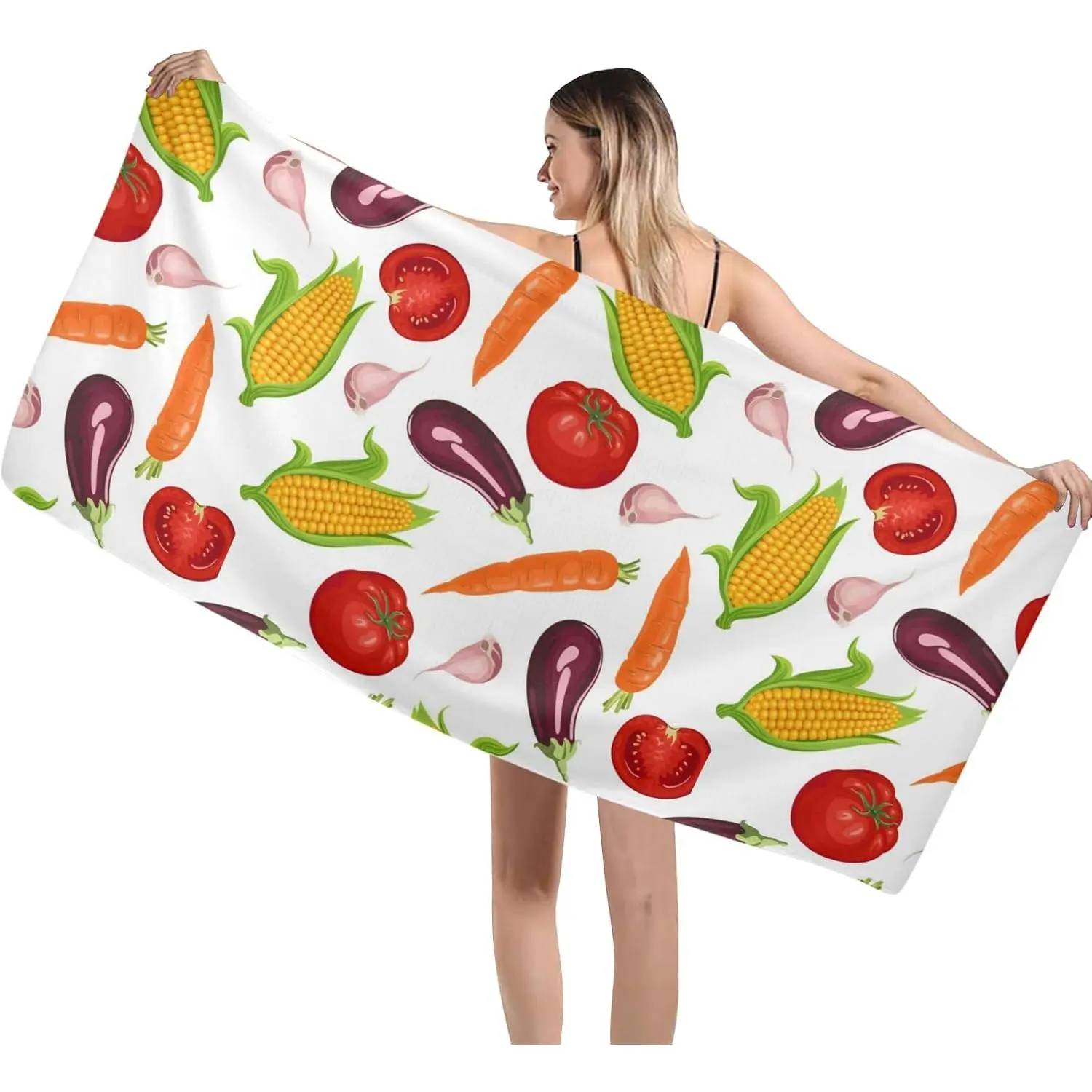 Fresh Vegetables Pattern Beach Towel, 29" x 58" Oversized Quick Dry Pool Towels for Women, Lightweight Absorbent Sandproof Beach Towel for Travel Swim Yoga Gym Camping