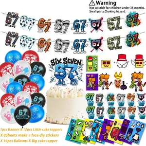 Hot Funny Abstract Six Seven Meme Theme Birthday Decorations ，Brainrot Meme &67 Themed party supplies Set Includes Banner, Cake Topper, Cupcake Toppers, Ballons，8 Sheets Make a Face Diy Sticker,Suitable for cartoon-themed birthday party events