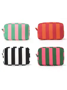 Striped makeup bag, simple and stylish, high-appeal storage bag, large capacity, Zip, travel-friendly, portable toiletry bag.