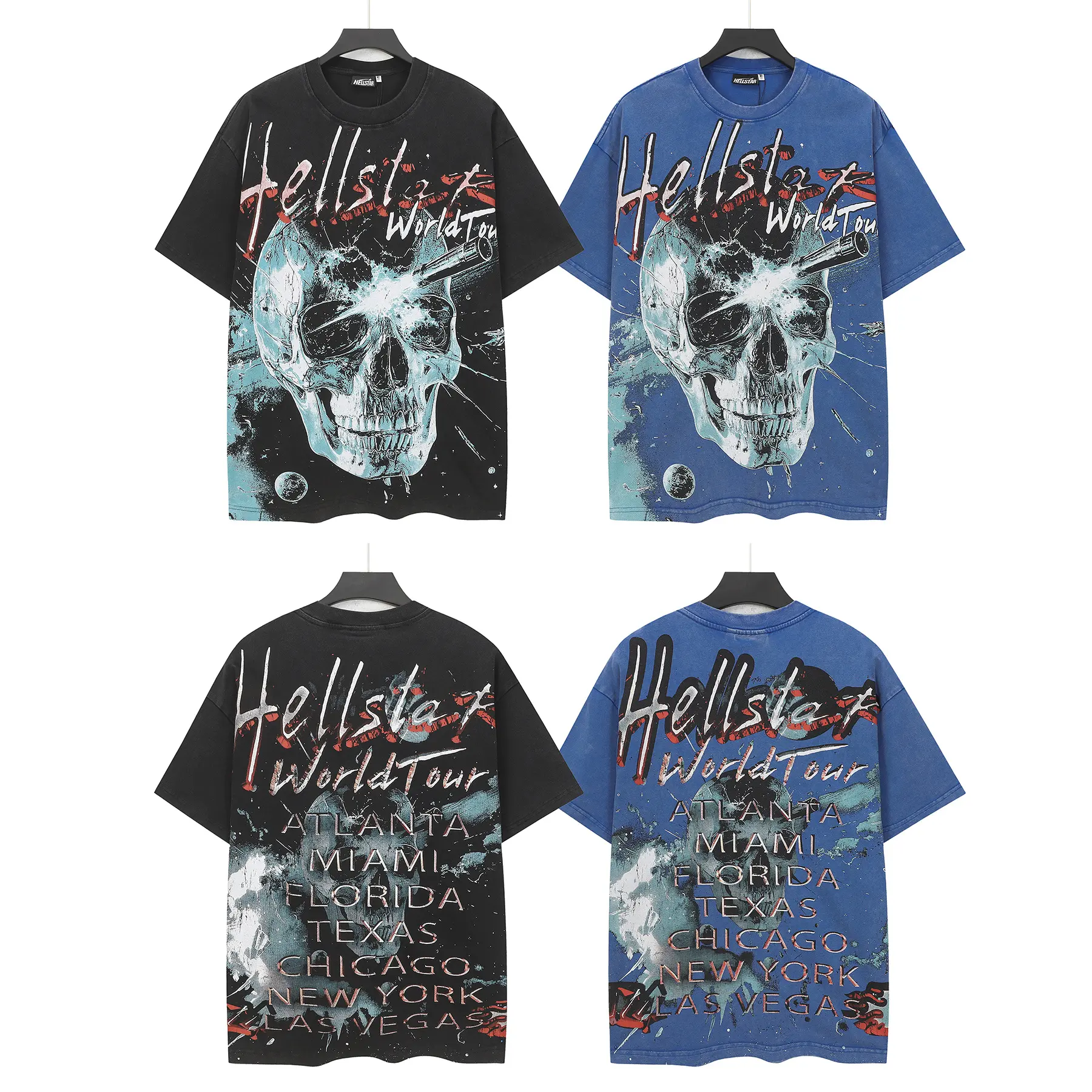 HELLSTAR World Tour Bullet Skull Double Sided Graphic Tee | Vintage Washed Oversized Y2K Streetwear | Dark Rock Casual Top