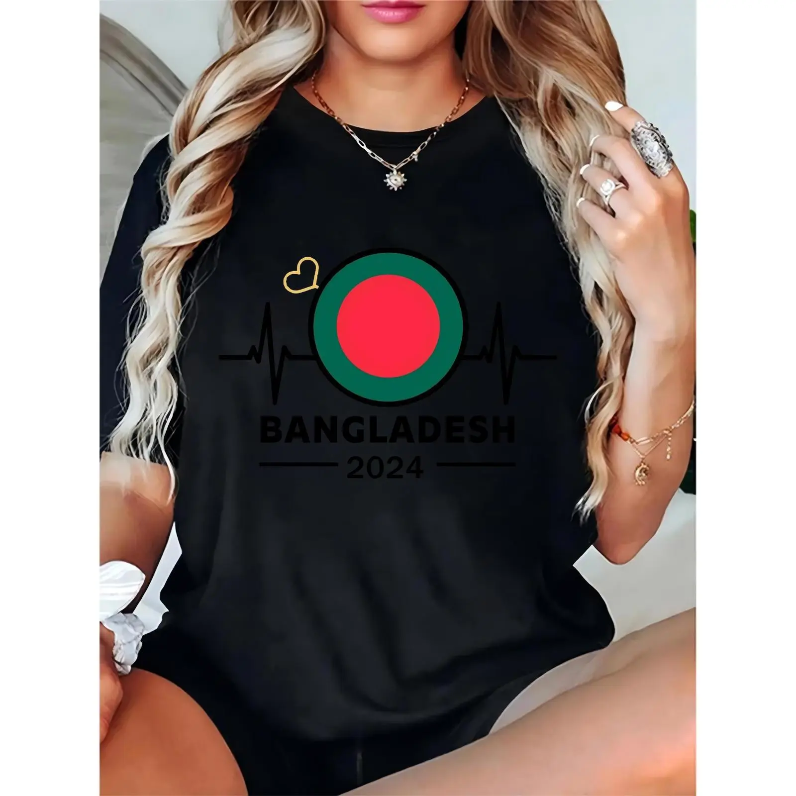 Ladies' Black Cotton Short-Sleeve T-Shirt with Bangladesh Flag Heartbeat Print - 2024 BANGLADESH Day Tops, Ideal for Cultural Festivals & National Pride, Comfortable Fit, Basic, Feminine, Essential, Elegant Tee, Round Neck, Simple