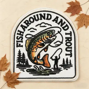 Fish Around and Trout Embroidery Patch, Outdoor Hiking Fishing Enthusiast Fabric Patch, Heat Transfer Adhesive, for Clothes Jackets Hats Accessories