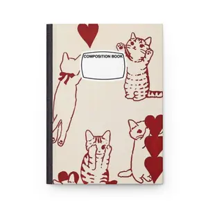 Red Heart Cats Hardcover Journal Composition Book | Matte Composition Notebook Aesthetic Cover Notebook Coquette Journal