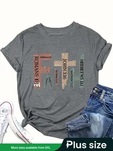 [Plus Size] Creative Letter Print Round Neck Tee, Casual Short Sleeve Crew Neck T-shirt for Daily Wear, Womenswear for All Seasons
