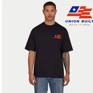 Union Built Black T-Shirt with Patriotic Logo - Build It Once Design Menswear Streetwear Top Man Tshirt Casual Shortsleeve Tropical
