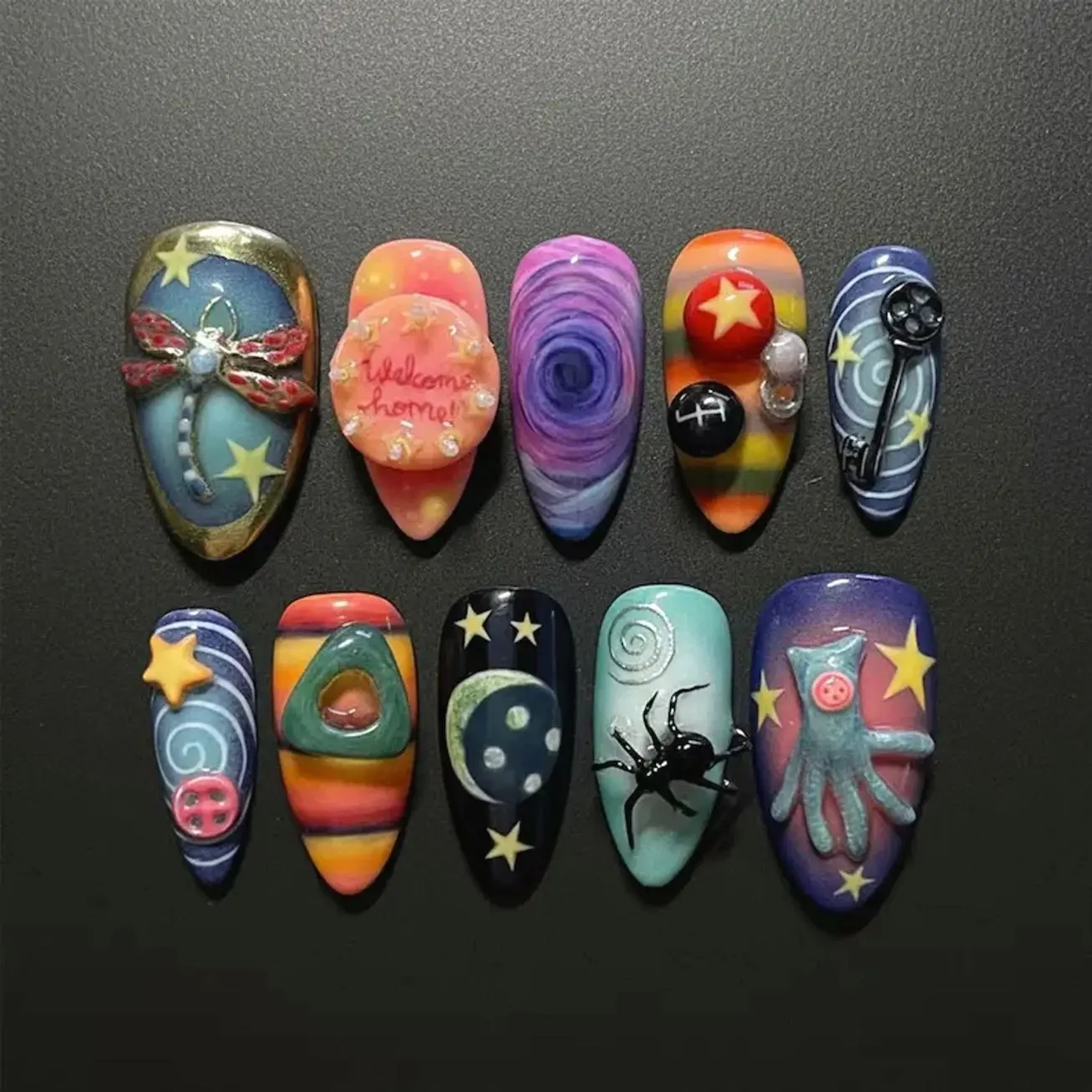 Coraline Inspired Press On Nails | Fantasy Galaxy Nail Art | Handmade 3D Button & Star Nails | Unique Cosmic Nail Set