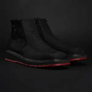 Men's Black Print Red Bottom Double Zipper Shoe