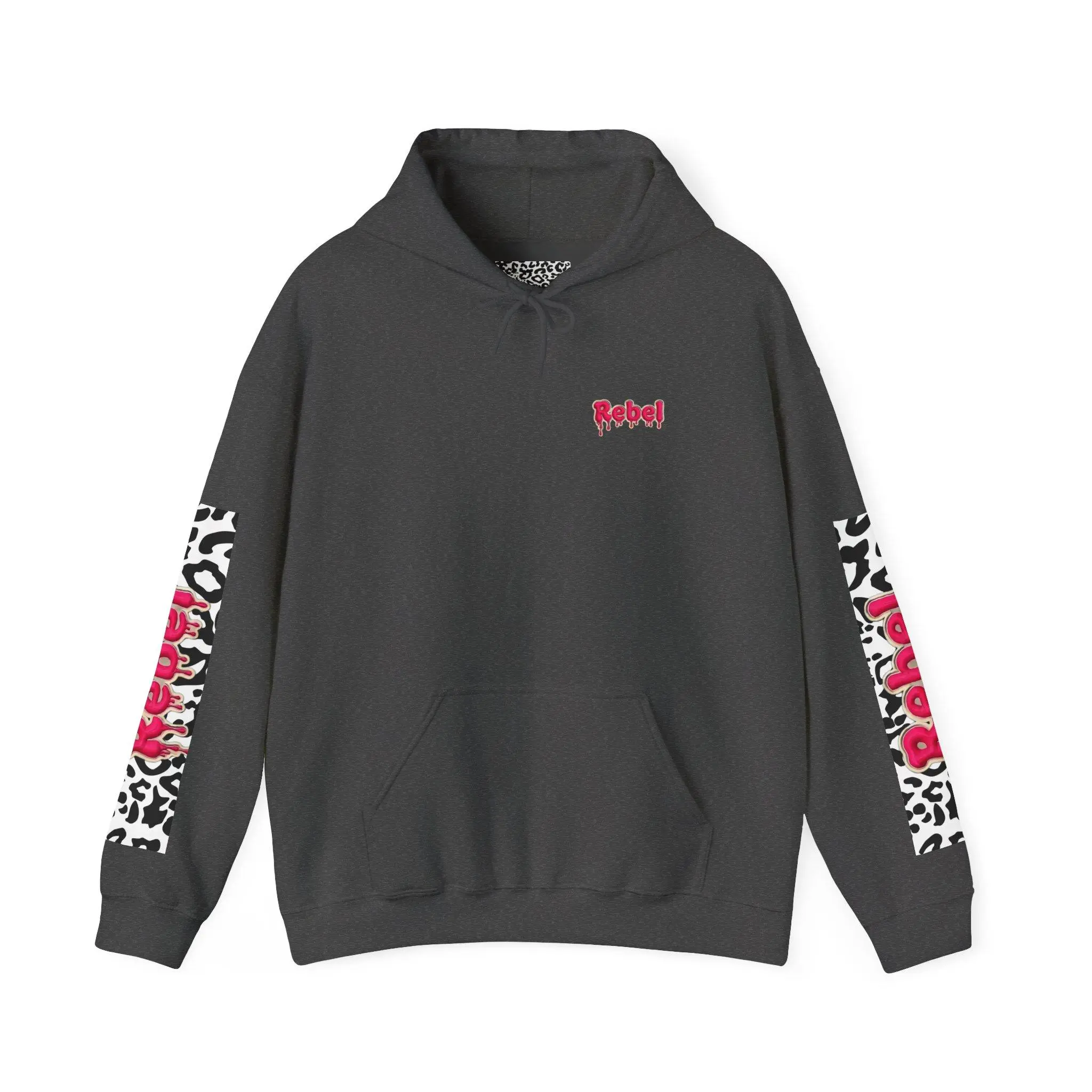 Raw Energy Panther Hoodie | Leopard Print, Pink Script, Sleeve Graphics