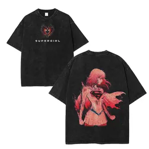 Supergirl Movie Vintage Graphic Tee Oversized Acid Wash Cotton Shirt Retro Superhero Anime Manga Streetwear Fashion Top for Fans S-5XL