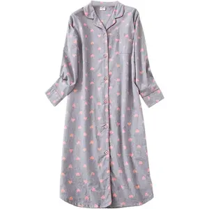 Women's long flannel nightgown, button-down sleep shirt, long-sleeve nightshirt