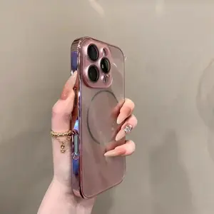 Rose Red IP16 Phone Case Crystal Lens Film Magnetic Glass Case Electroplating Process 15 Pro Max 14/13/12/11 Shockproof Cover Protector Casing Protection for Smartphone