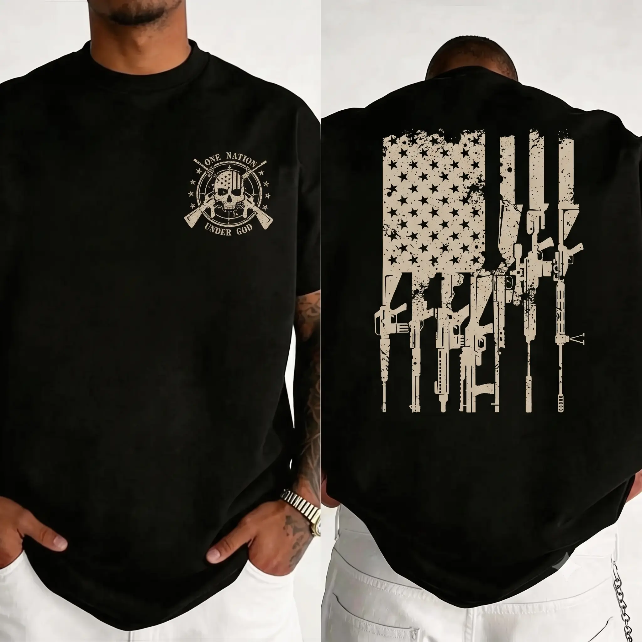 Men's Basic Crew Neck Short-Sleeve Graphic T-Shirt - US Nation Pride 2nd Amendment Americana Motif National Symbol Patriot Tee, Father's Day/Birthday Gift, Basic T-Shirt