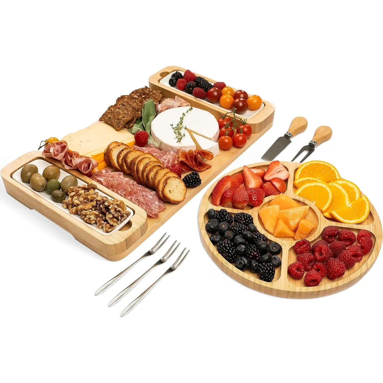 Charcuterie Board Gift Set - Cheese Board with Serving Accessories, Bamboo Includes Serving Tray and 2 Ceramic Bowls, Serves Meat, Crackers and Fruit, Wedding, Housewarming, Birthday Gifts for Women