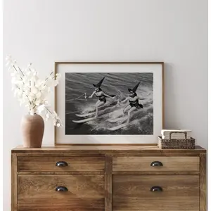 Waterskiing Witches Poster, Halloween Wall Art, Black and White Art Print, Vintage Wall Art, Funny Wall Art