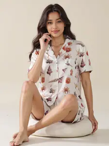 Women's Conch Print Pajama Set, Collar and Front Button Design, Comfortable Nightwear, Summer Short Sleeve Shorts Sleepwear