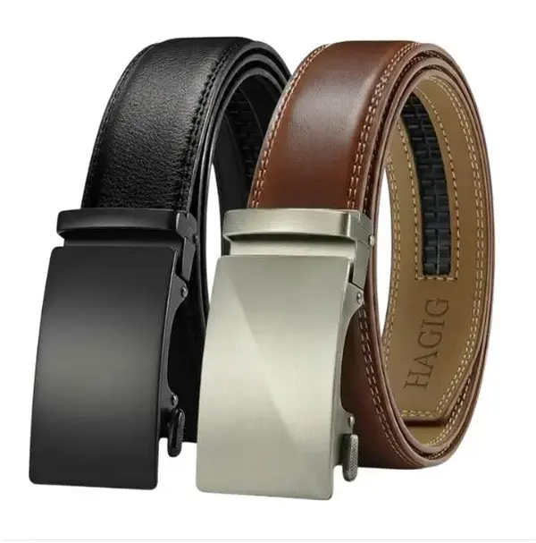 HAGIG Ratchet Belts for Men 2 Pack Black & Brown Mens Leather Belt Adjustable Perfect Fit, No Hole Automatic Buckle Split Leather Dress Belt for Men, Trim to Fit  Size (28 to 36)