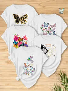 Women's 5-Piece Printed T-Shirts, Women's Butterfly Print Round-Neck Short-Sleeved Shirt, Suitable For Daily Wear, Can Be Worn All Year Round, Sportswear, Commuting Clothing