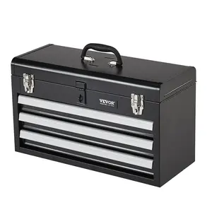 VEVOR 3-Drawer Metal Tool Box, 20.5-inch, Portable Metal Tool Box, Small Chest with EVA Liners, Ball Bearing Slide Drawers Locking & Powder Coated Finish