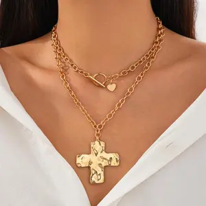 Gold Chunky Cross Necklace for Women Statement Cross Pendant Necklace Layered Hammered Bold Cross Necklace Vintage Toggle Clasp Necklace Jewelry unisex